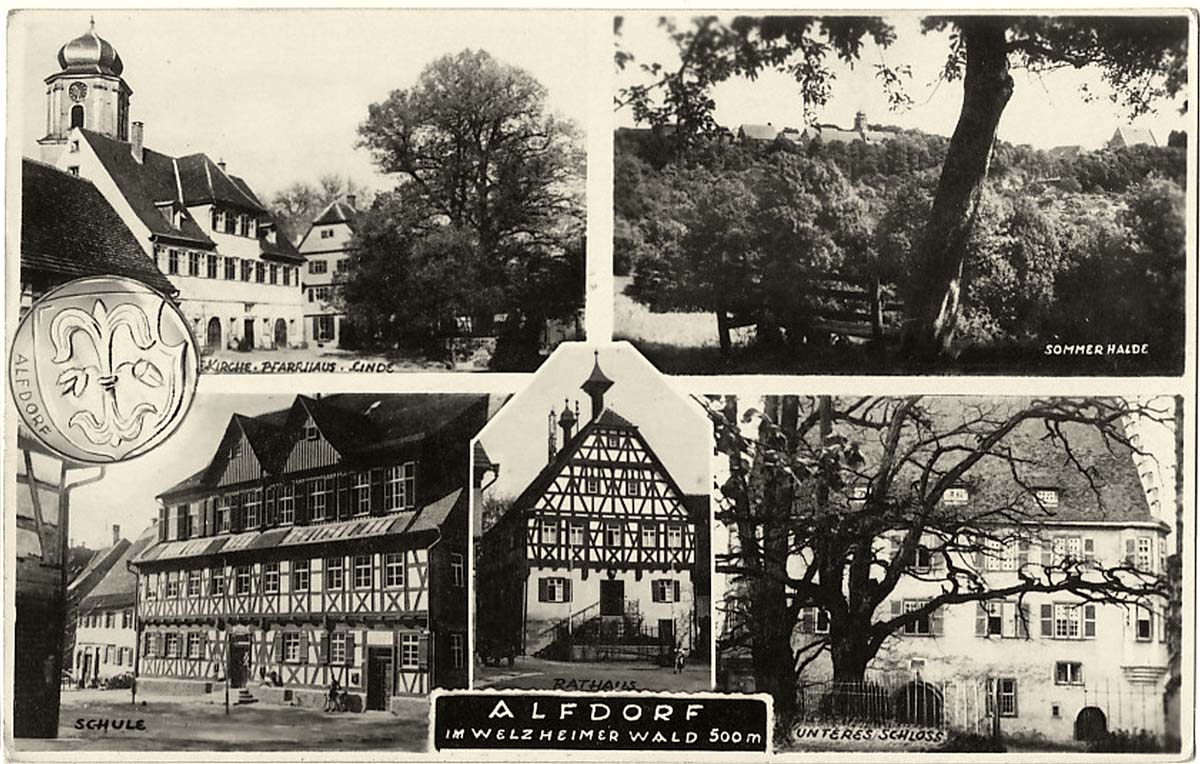 Alfdorf. Rathaus, Kirche und Pfarrhaus, Sommer Halde, Schule, Unteres Schloß
