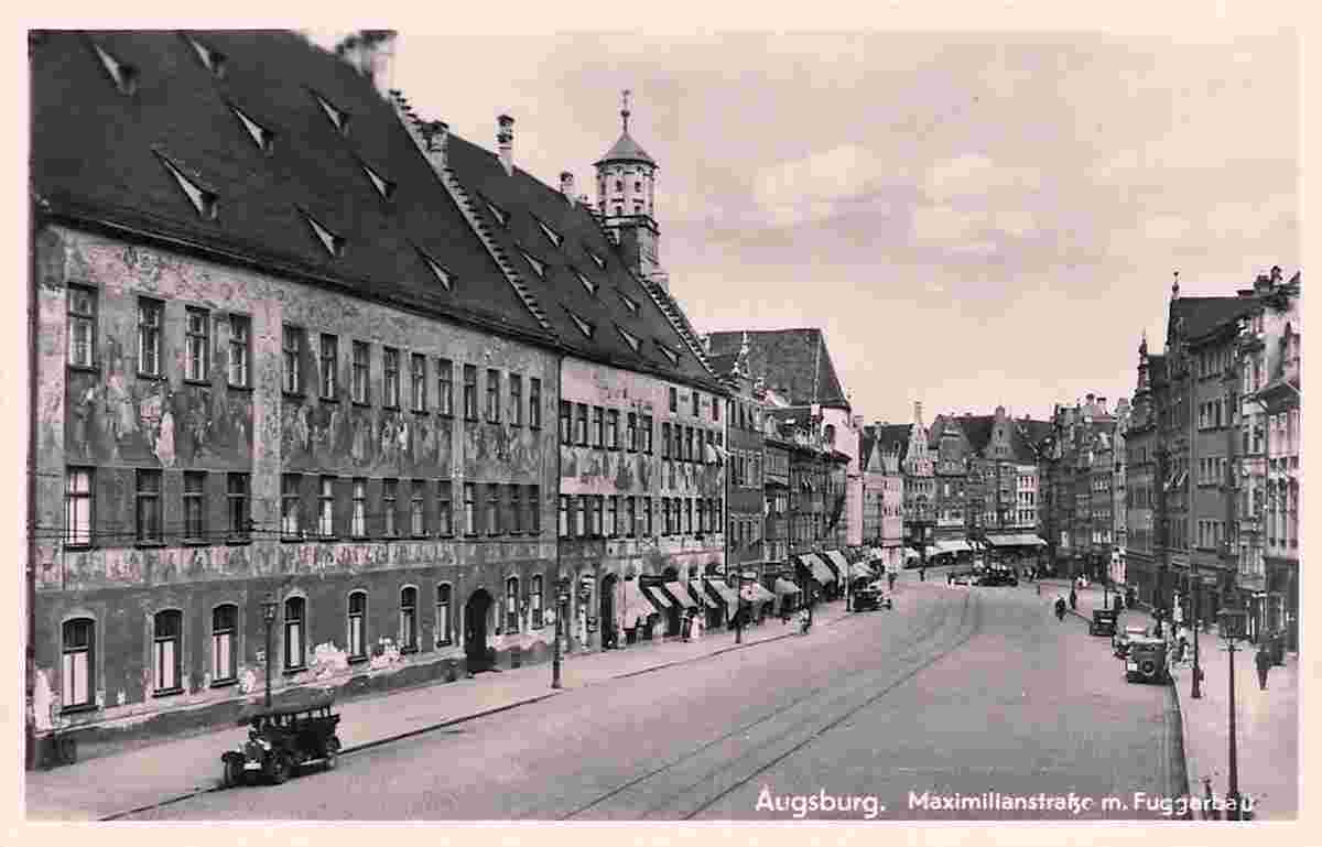 Augsburg. Maximilianstraße mit Fuggerhaus, um 1940