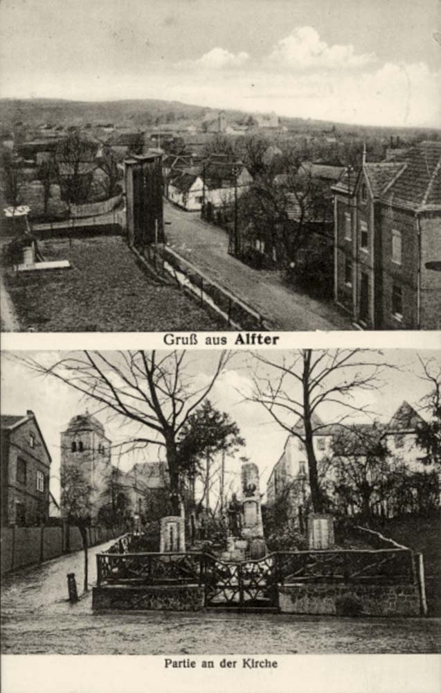 Alfter. Panorama von Ort, Kirche und Denkmal, 1939