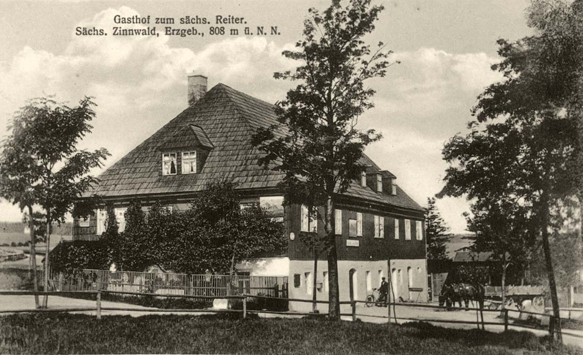 Altenberg (Erzgebirge). Zinnwald - Gasthof zum sächsische Reiter, Pferdefuhrwerk, 1914