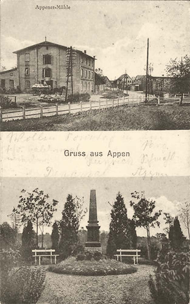 Appen. Mühle und Kriegerdenkmal