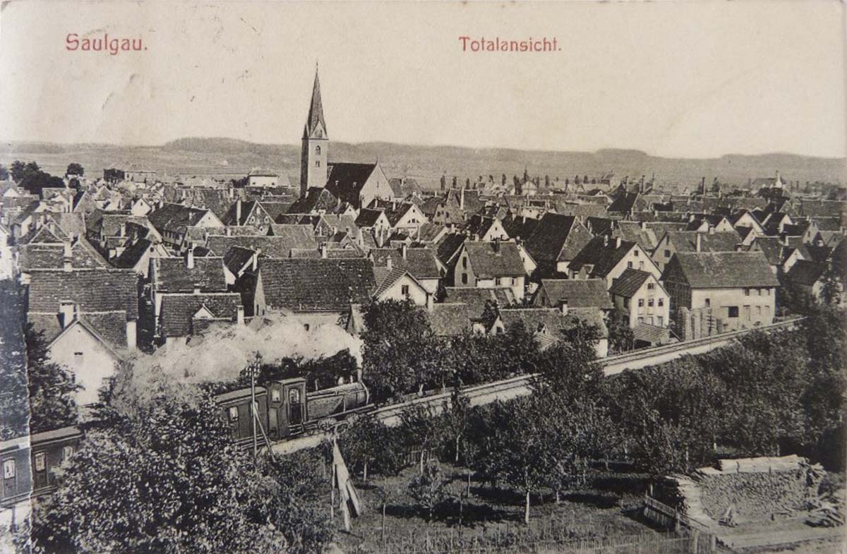Panorama von Bad Saulgau mit Dampfzug, 1907