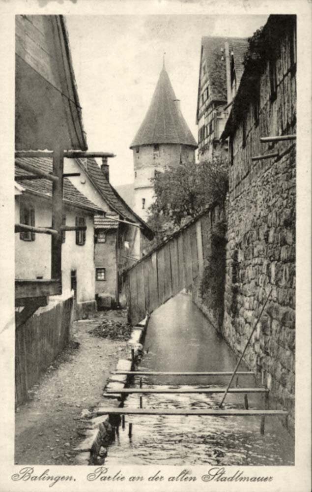 Balingen. Alten Statmauer, Bach mit Übergang, Turm, 1924