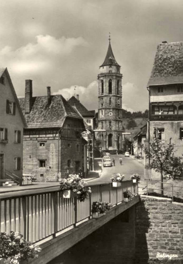 Balingen. Stadtbrücke und Kirche um 1965