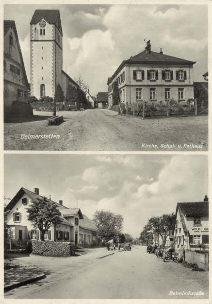 Beimerstetten. Panorama von Bahnhofstraße, Kirche, Schule und Rathaus