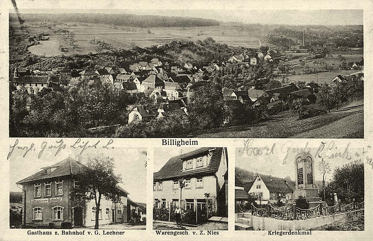 Panorama von Billigheim, Gasthaus zum Bahnhof, Kriegerdenkmal