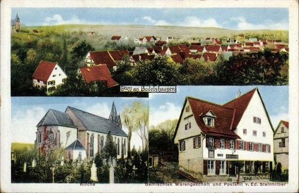 Bodelshausen. Blick über die Dächer, Kirche mit Friedhof