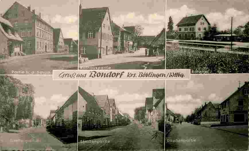 Bondorf. Panorama von Stadtstraßen, Schule