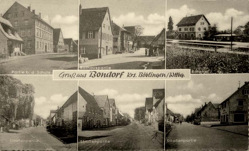 Bondorf. Panorama von Stadtstraßen, Schule, Rathaus und Bahnhof