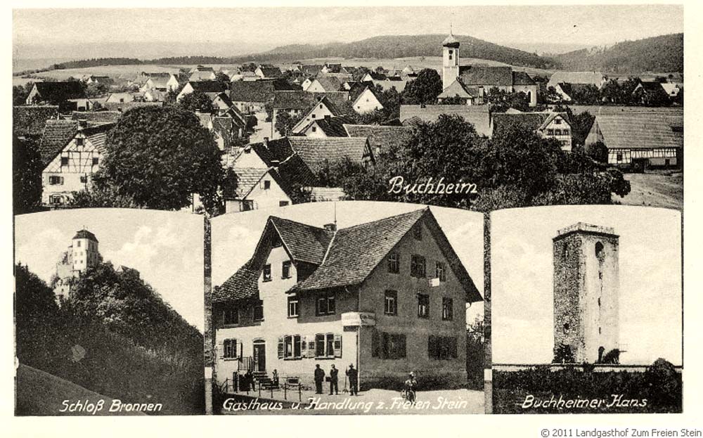 Panorama von Buchheim, Gasthaus und Handlung 'Zum freien Stein', Burg Bronnen