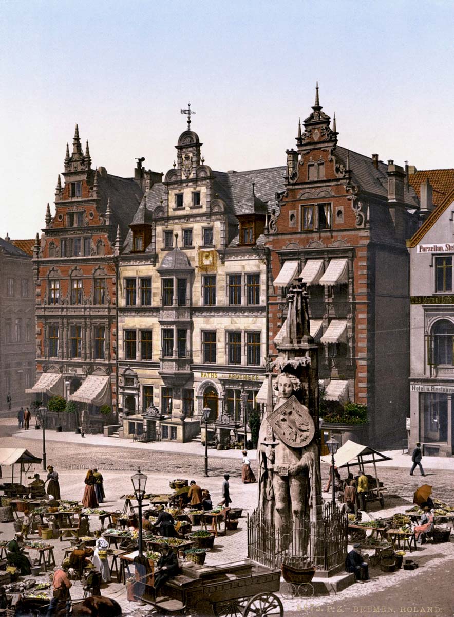 Bremen. Marktplatz mit Roland-Denkmal, um 1900