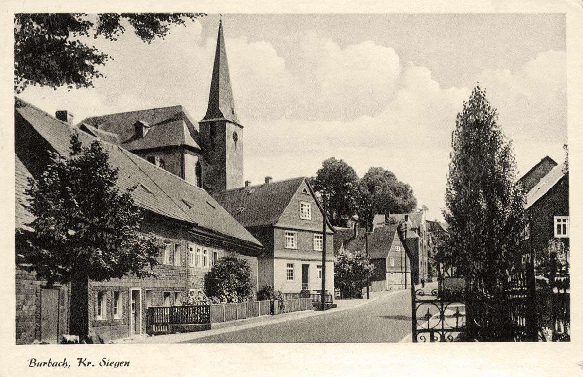 Panorama von Burbach mit Kirche, 1957