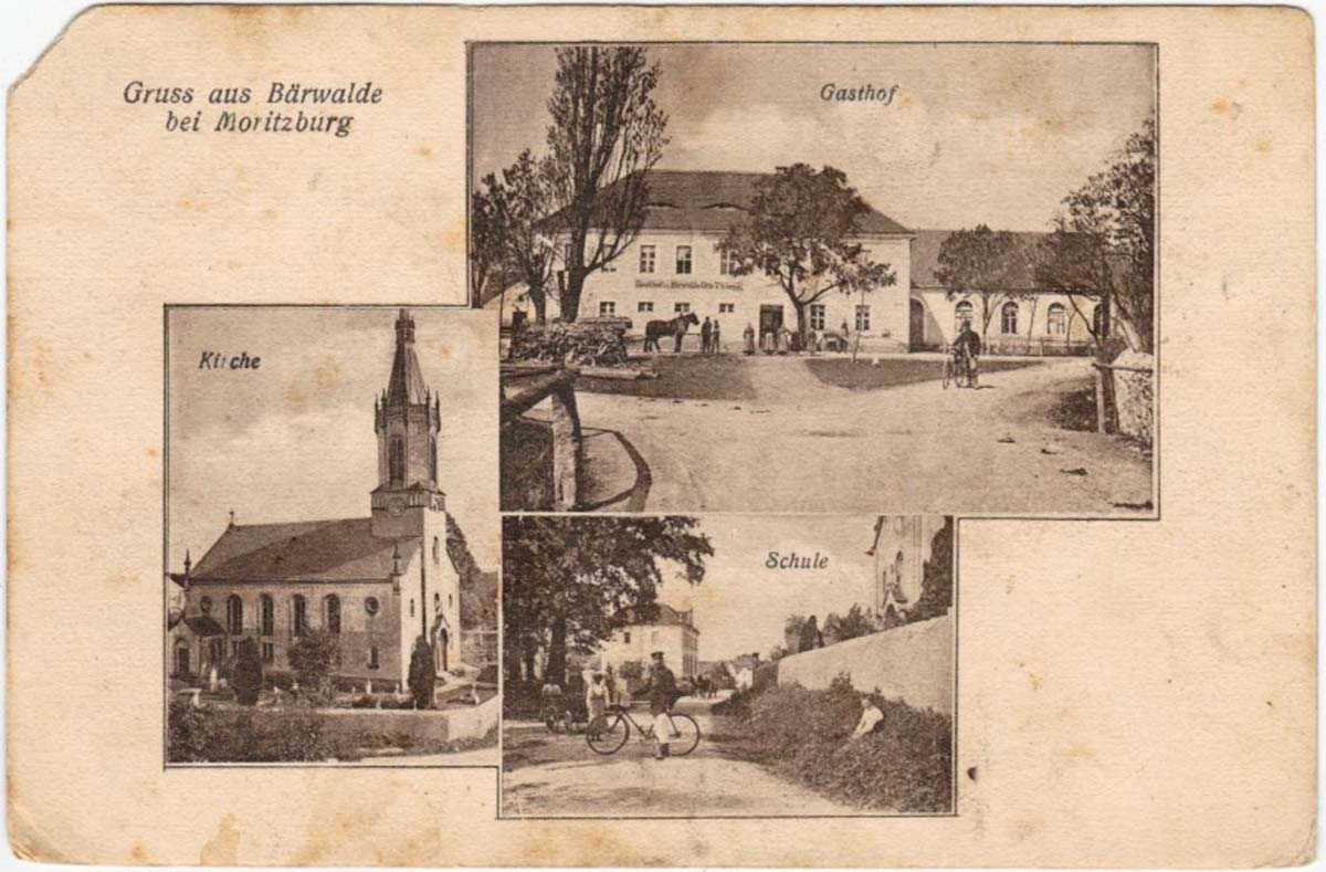 Boxberg (Oberlausitz). Bärwalde - Kirche, Gasthof und Schule, 1914