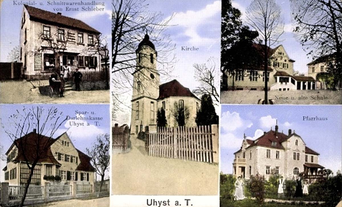 Burkau (Porchow). Uhyst am Taucher - Kirche, Kolonialwarenhandlung von Ernst Schieber, Pfarrhaus, Schule, 1915