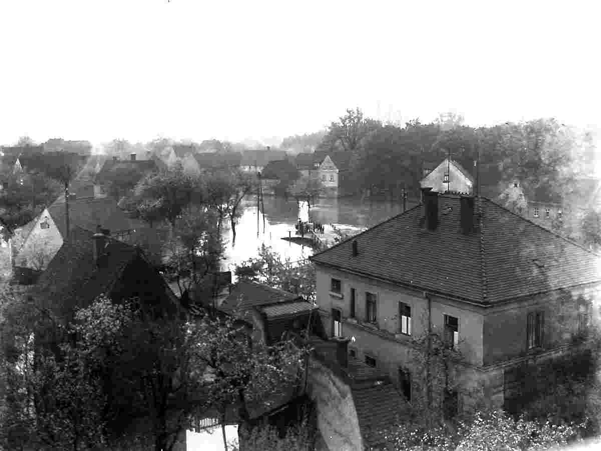 Benndorf. Blick vom Turm der Pfarrkirche über die Wyhra, Hochwasser, 1945
