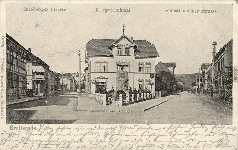 Brotterode-Trusetal. Inselberger Straße, Schmalkalder Straße, Kriegerdenkmal, 1906