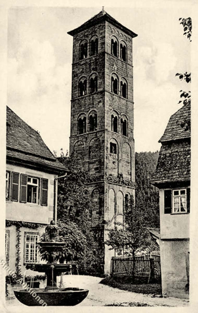 Calw. Kloster Hirsau - Kirchturm und brunnen