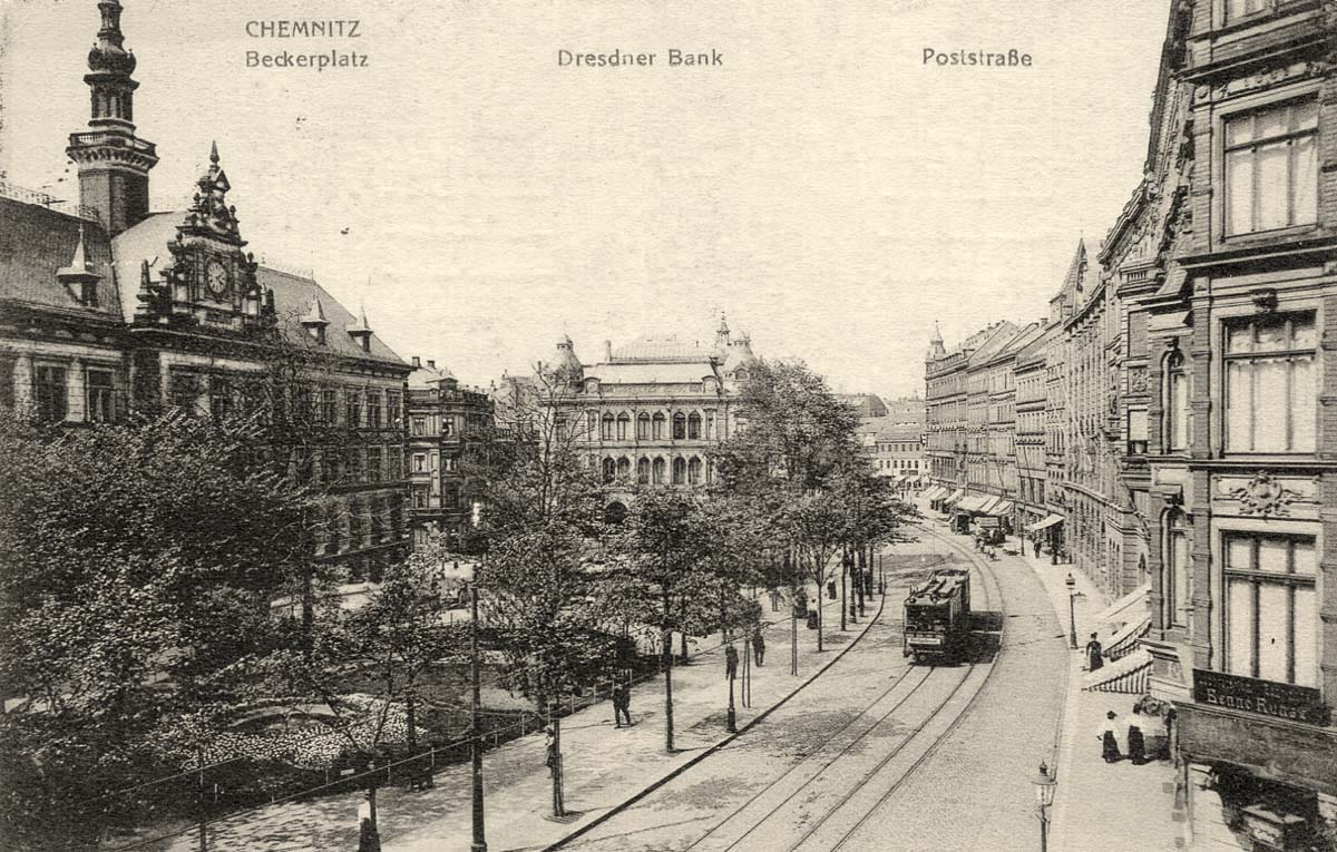 Chemnitz. Beckerplatz - Dresdner Bank - Poststraße, 1914