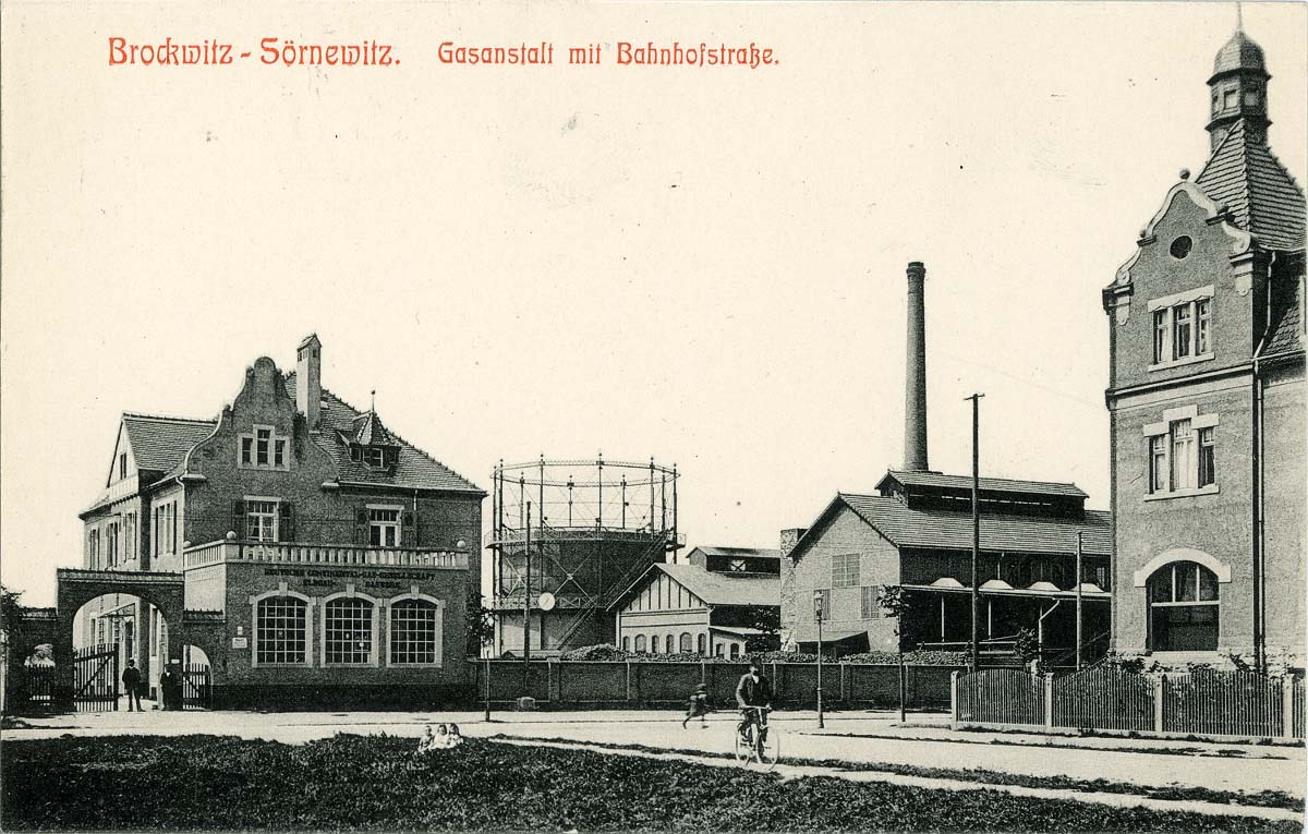 Coswig (Sachsen). Brockwitz - Sörnewitz, Gasanstalt mit Bahnhofstraße, 1911