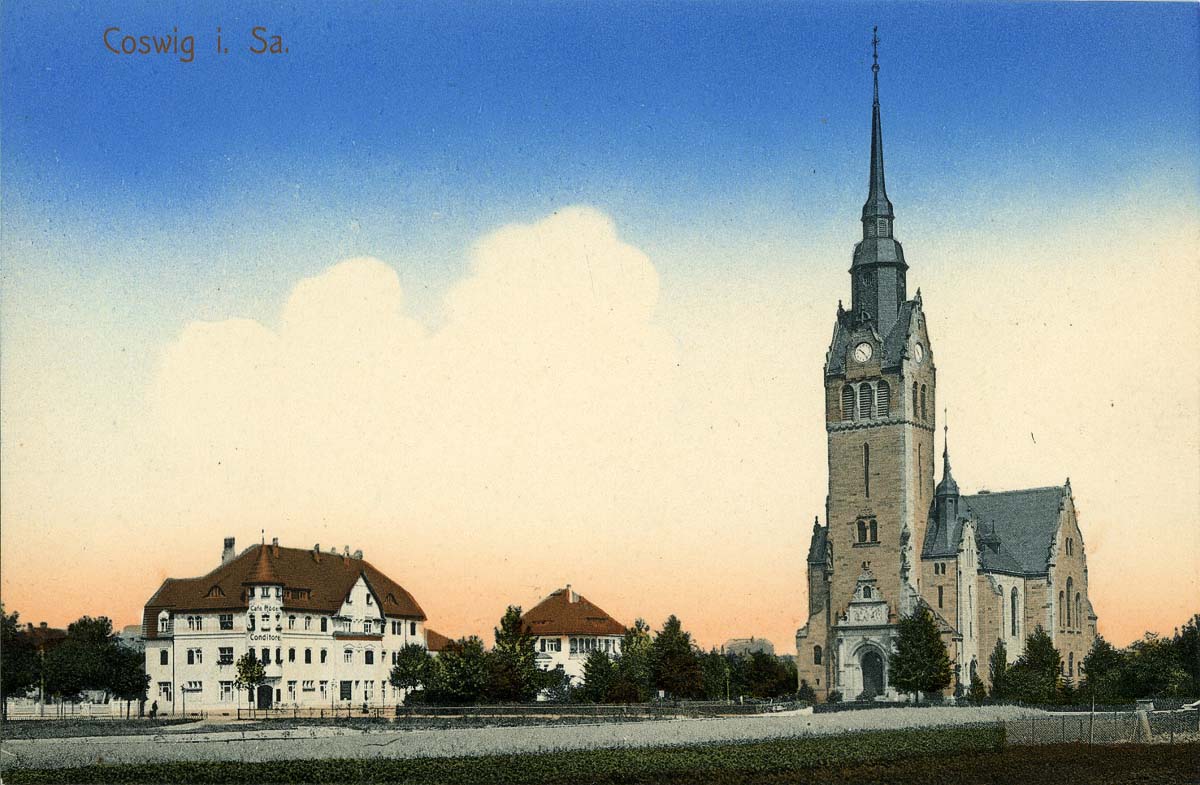 Coswig (Sachsen). Cafe Röder mit Konditorei und Kirche, 1912