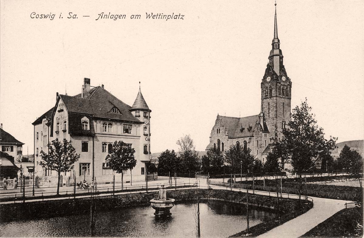 Coswig (Sachsen). Cafe Röder mit Konditorei und Kirche, Wettinplatz, 1913