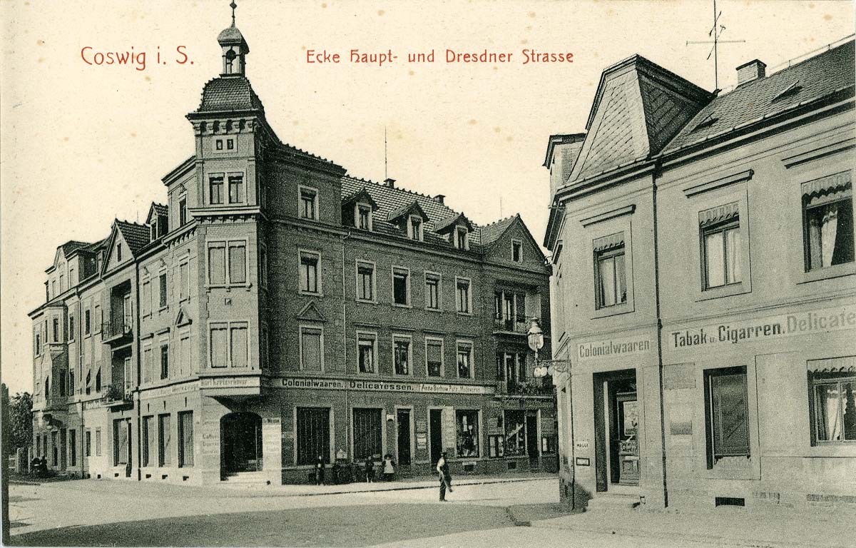 Coswig (Sachsen). Ecke Hauptstraße und Dresdner Straße, 1908