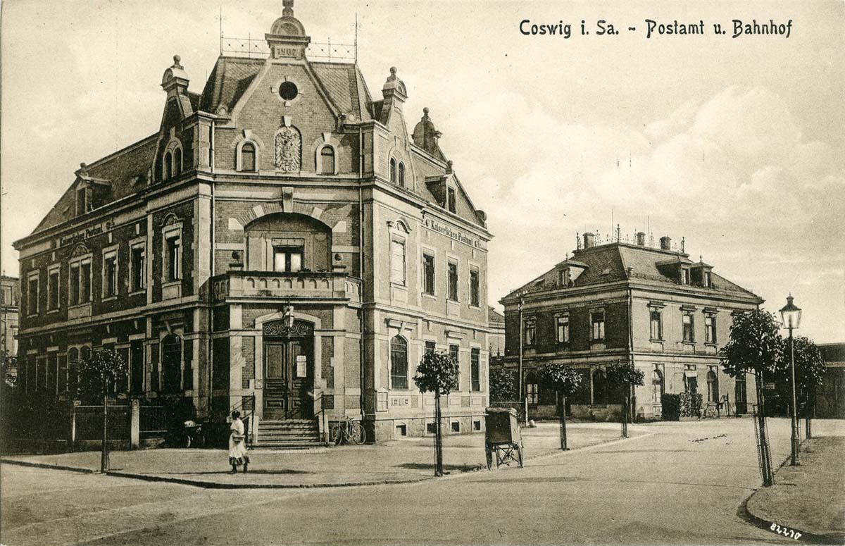 Coswig (Sachsen). Kaiserliches Postamt und Bahnhof, 1915