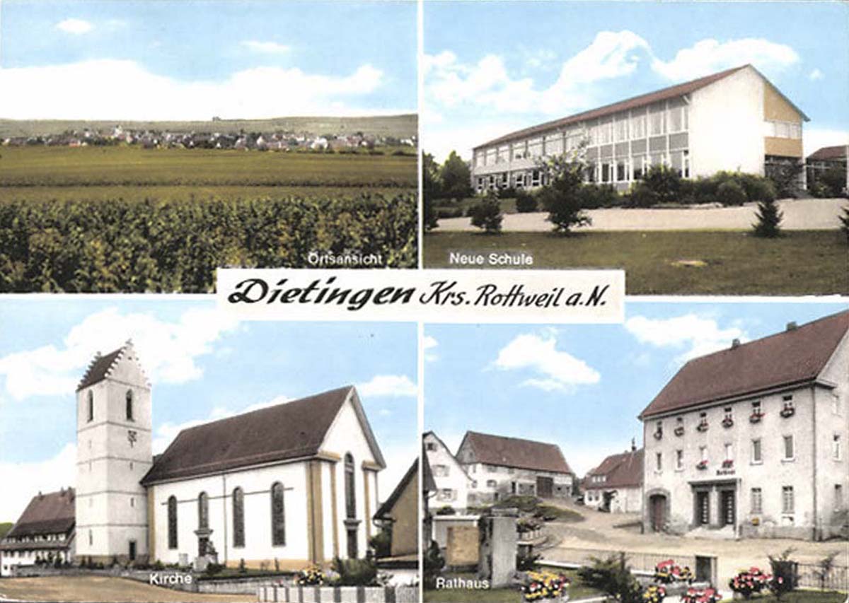 Panorama von Dietingen, Neue Schule, Rathaus und Kirche