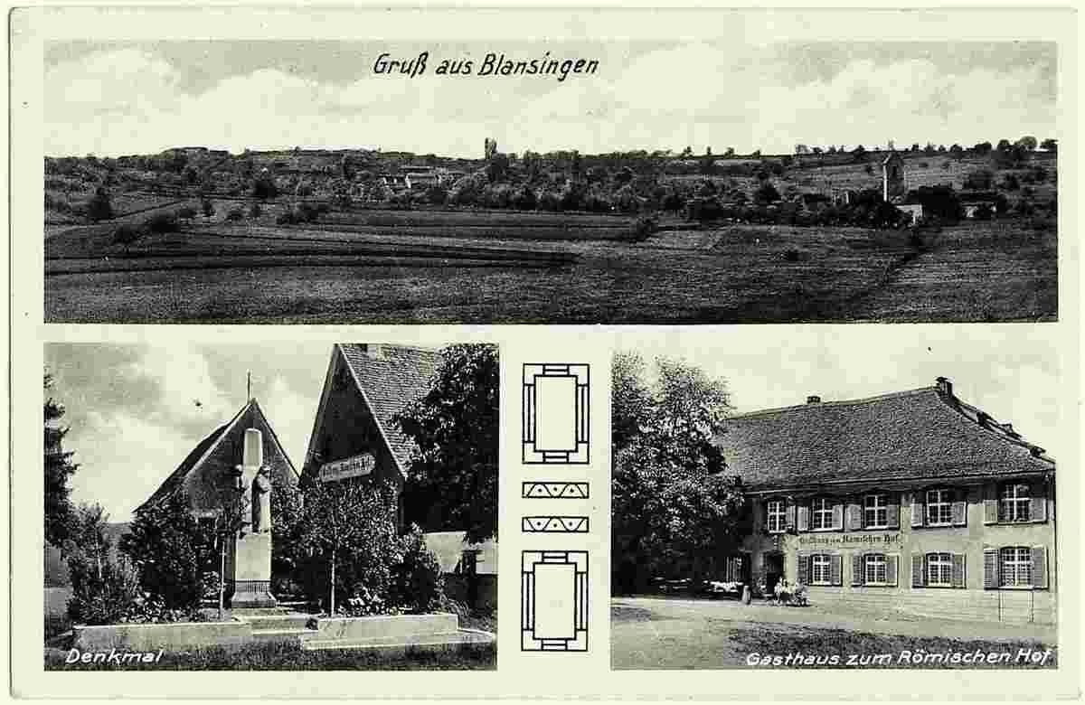 Efringen-Kirchen. Blansingen - Denkmal und Gasthaus 'Zum Römischen Hof', um 1930