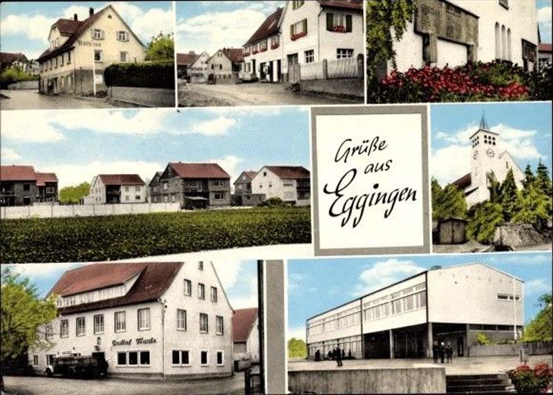 Eggingen. Neue Siedlung, Kirche, Gasthof Traube, Rathaus, Schule