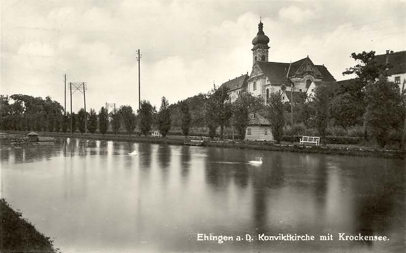 Ehingen (Donau). Blick am Konvikt mit Kollegiumskirche und Kockensee, 1934