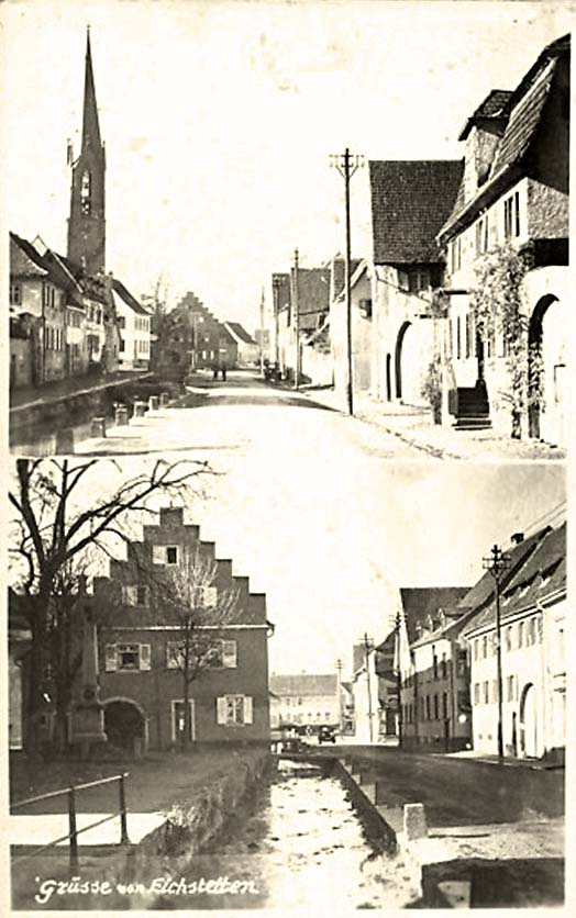 Eichstetten am Kaiserstuhl. Straße, Blick auf den Kirchturm und auf den Bach