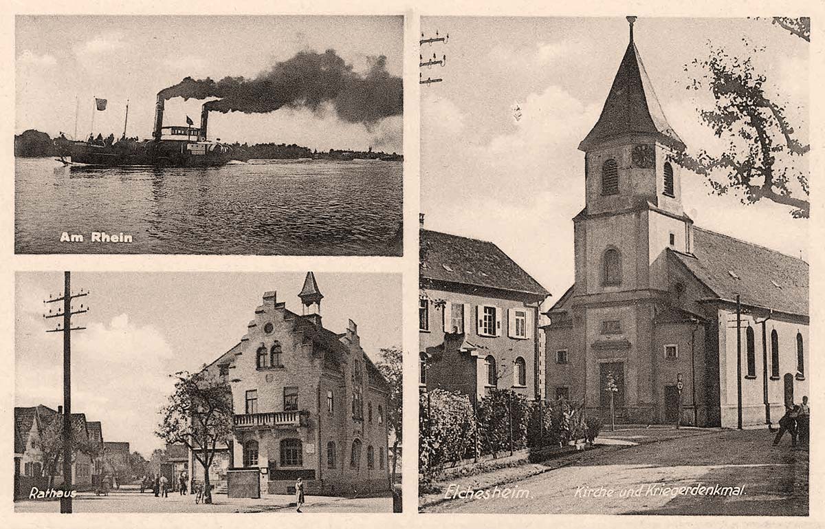 Elchesheim-Illingen. Elchesheim - Am Rhein, Rathaus und Kirche mit Kriegerdenkmal