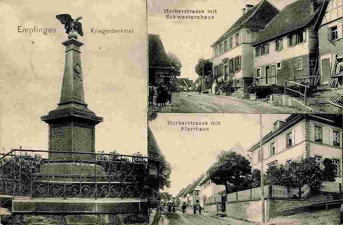 Empfingen. Kriegerdenkmal, Horber Straße mit Schwesternhaus, Horber Straße mit Pfarrhaus