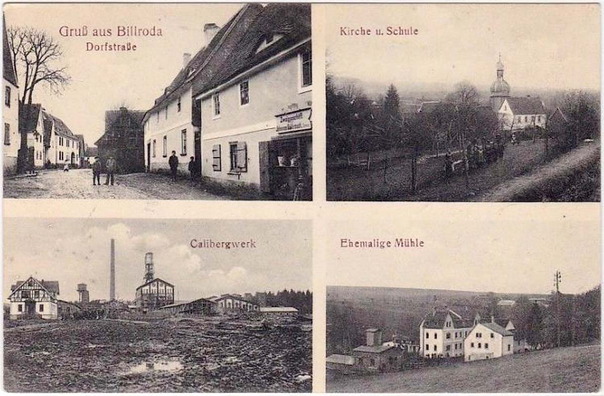 Finne. Billroda - Dorfstrasse, Kalibergwerk, Kirche und Schule, Ehemalige Mühle, 1911