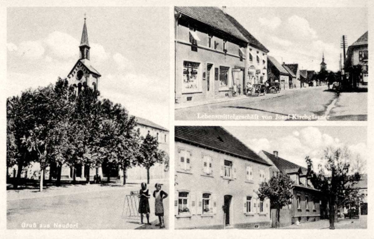 Graben-Neudorf. Neudorf - Kirche, Lebensmittelgesch�ft von Josef Kirchg�ssner