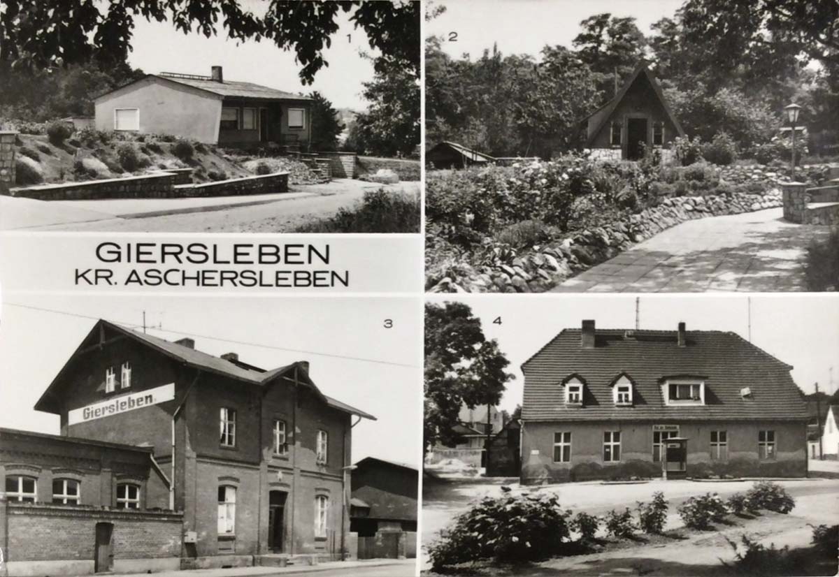 Giersleben. 1 und 2. Wohngebiet 'Der Kessel', 3. Bahnhof, 4. Rathaus