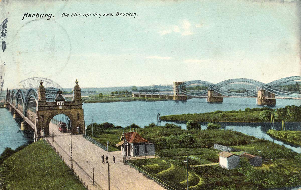 Hamburg. Die Elbe mit den zwei Brücken, 1908