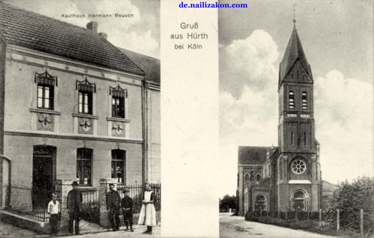Hürth. Kaufhaus Hermann Reusch und Kirche, 1918