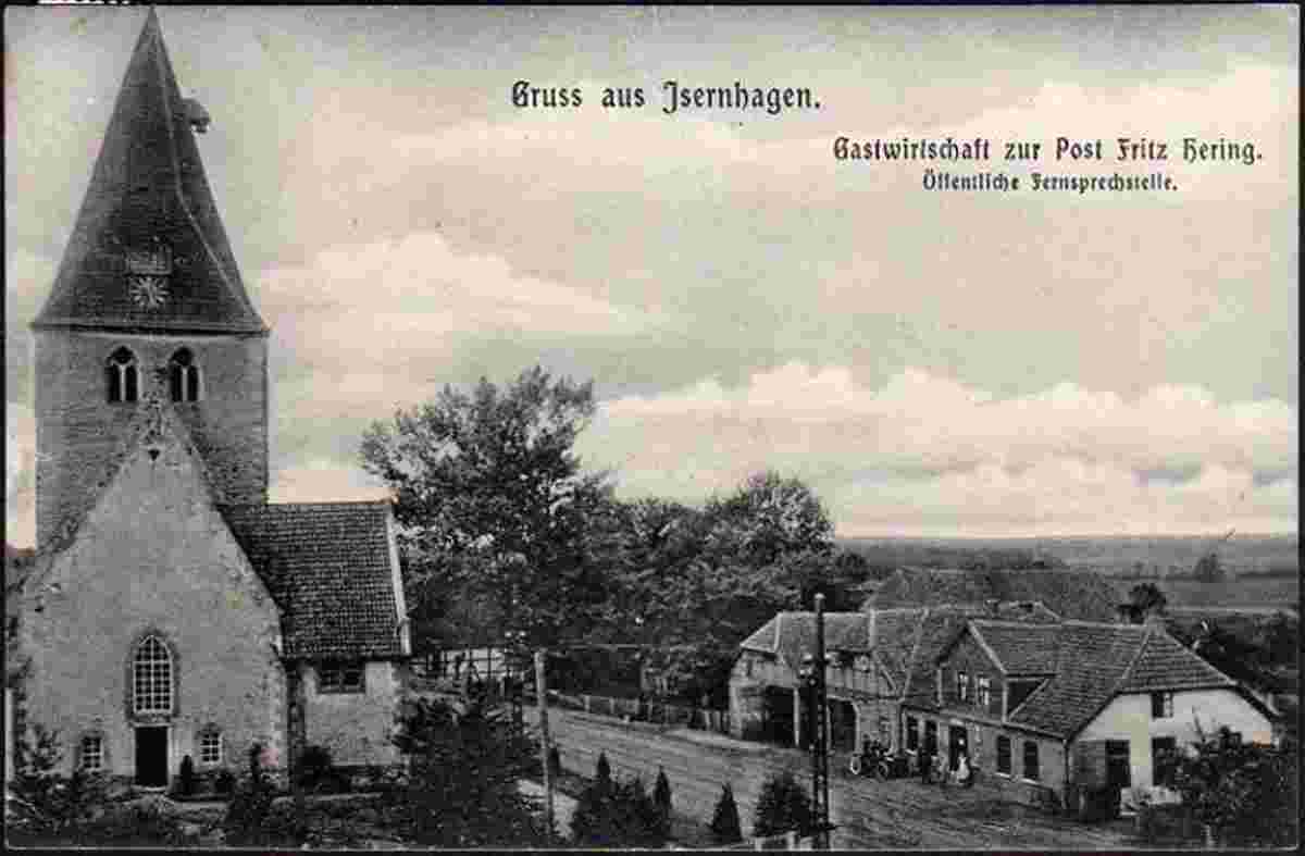 Isernhagen. Kirche und Gastwirtschaft zur Post, Öffentliche Fernsprechstelle, 1912