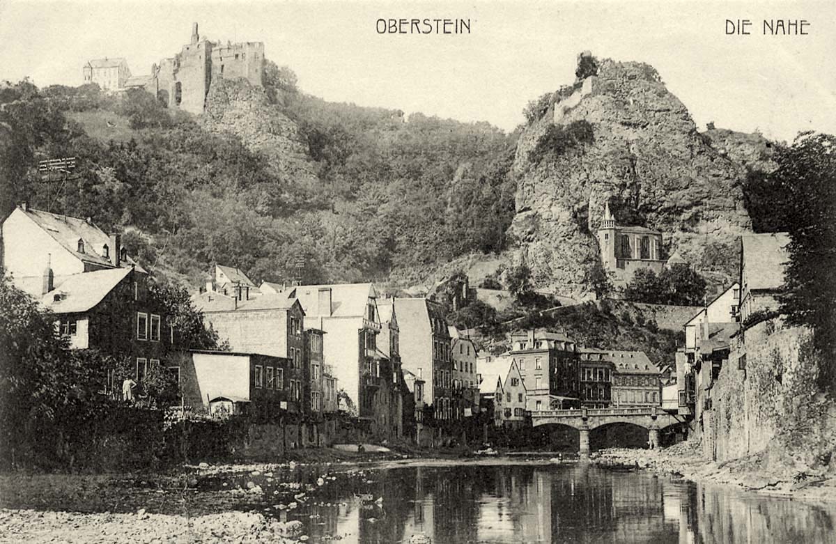 Idar-Oberstein. Oberstein - Burgruine, Wohnhäuser, Brücke