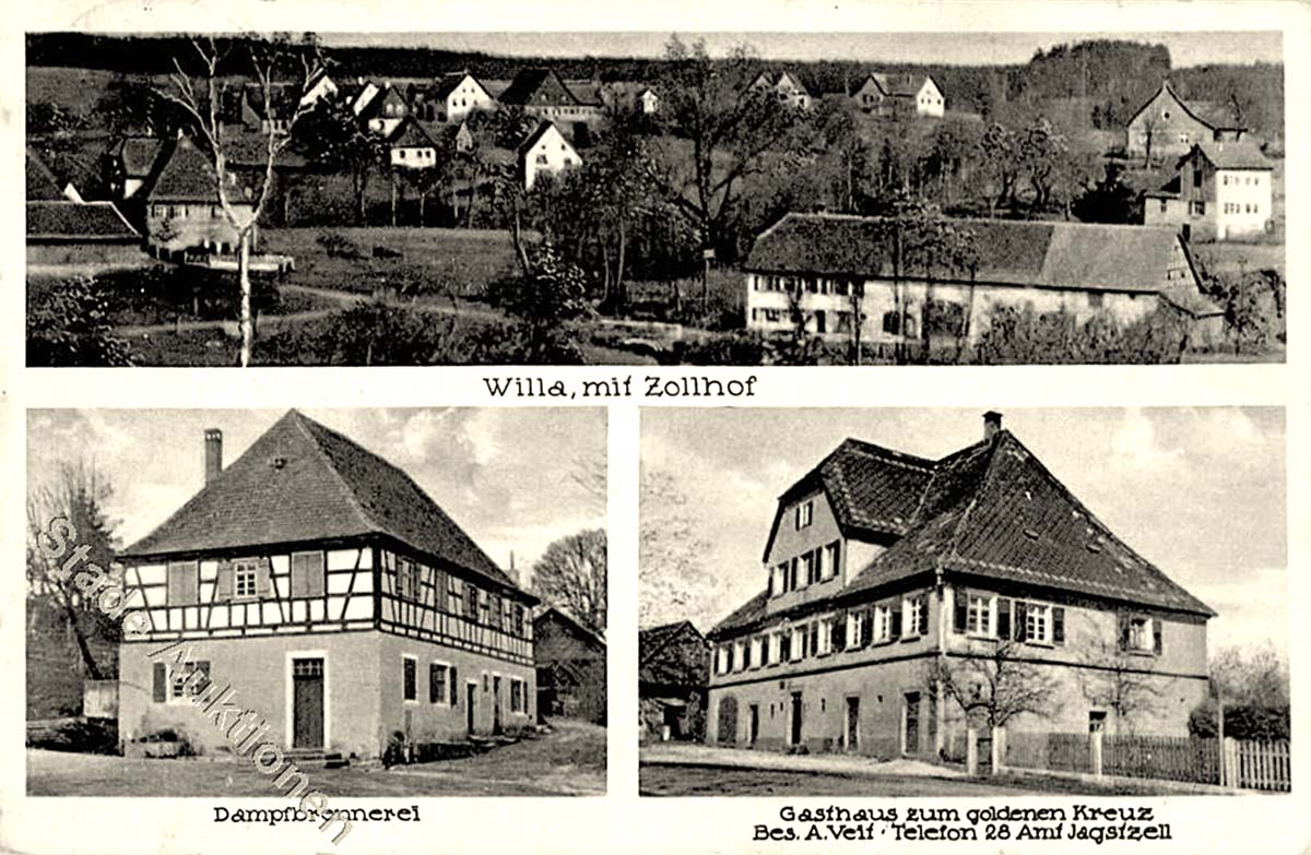 Jagstzell. Villa mit Zollhof, Dampfbrennerei, Gasthaus zum goldenen Kreuz