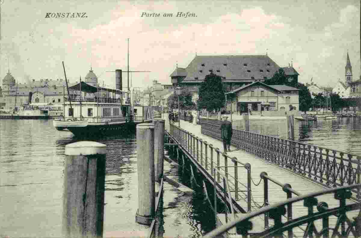 Konstanz. Hafen, Am Landungssteg, Dampfer, 1911