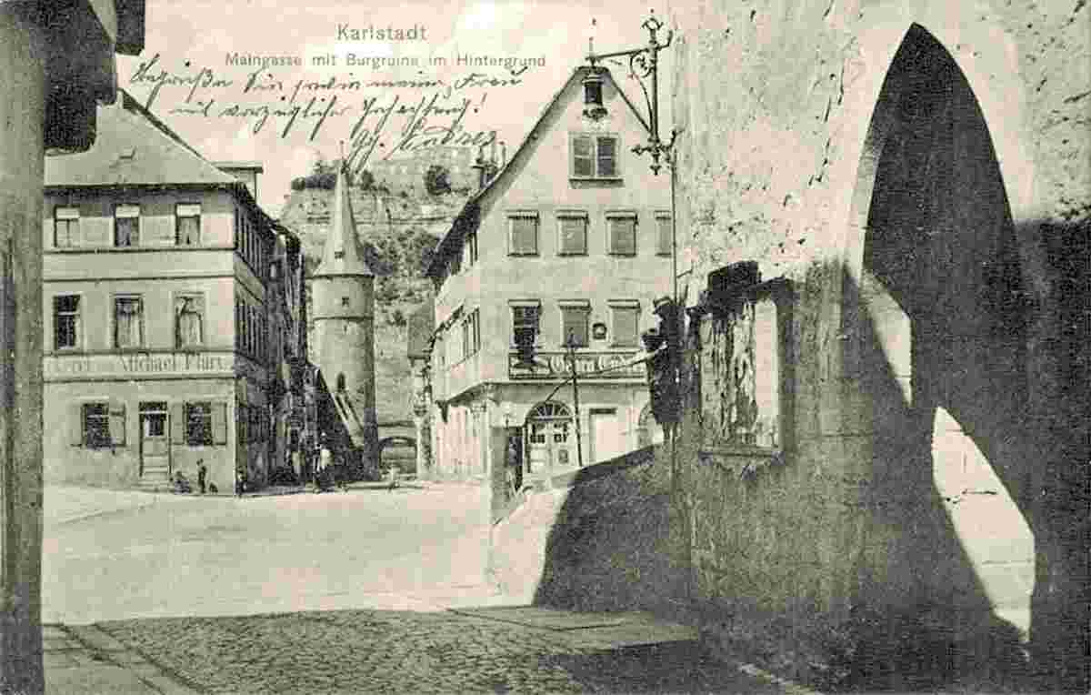 Karlstadt. Maingasse und Ruine Karlsburg