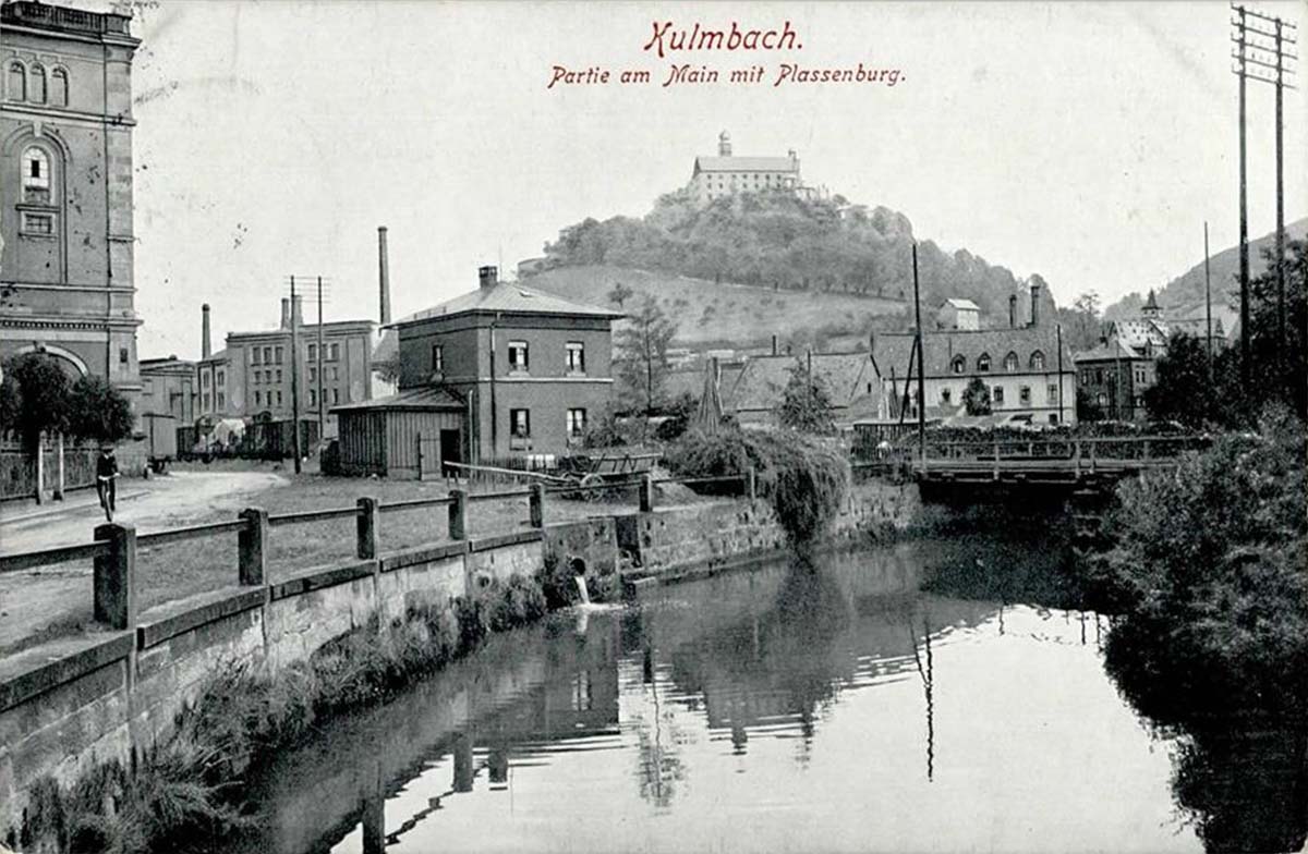 Kulmbach. Blick auf fluss Main und Schloß Plassenburg