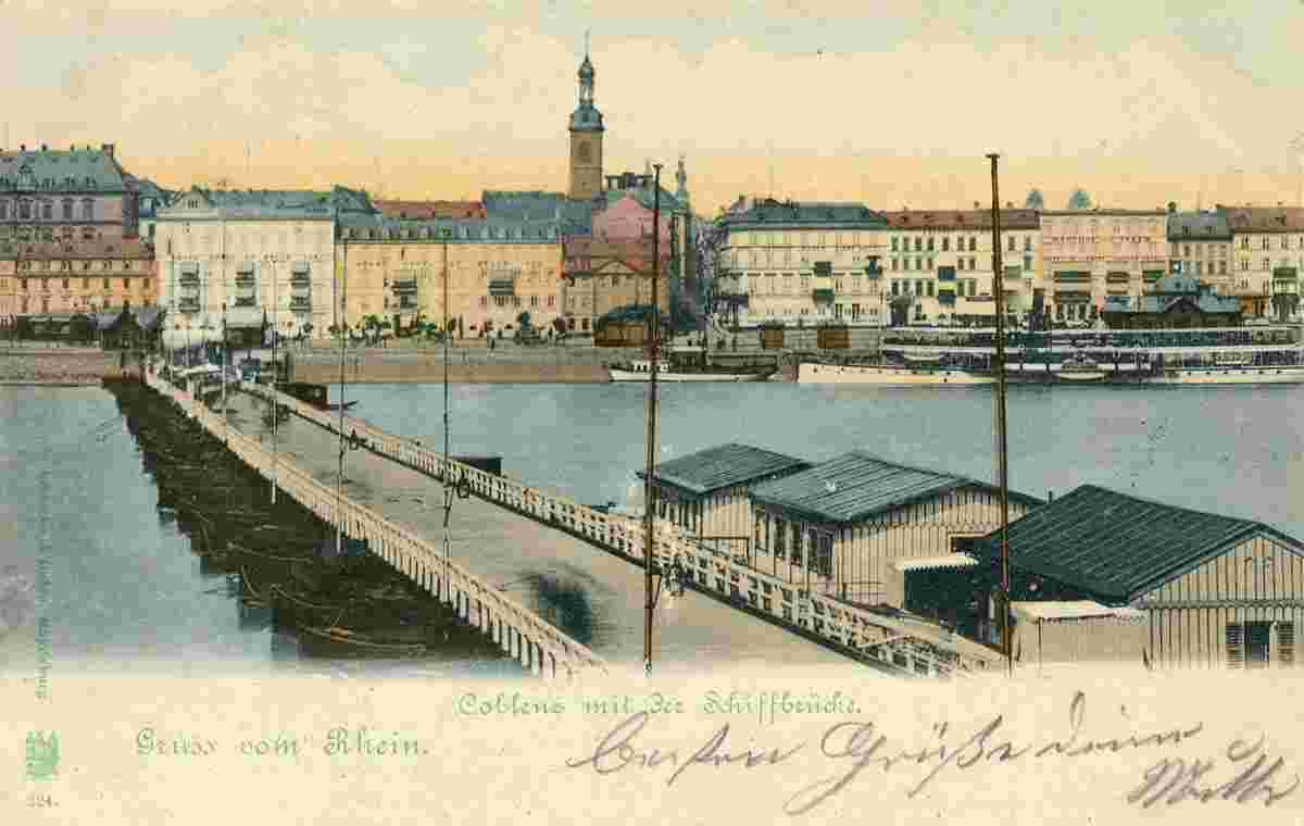 Koblenz. Stadtansicht mit Schiffbrücke, 1901