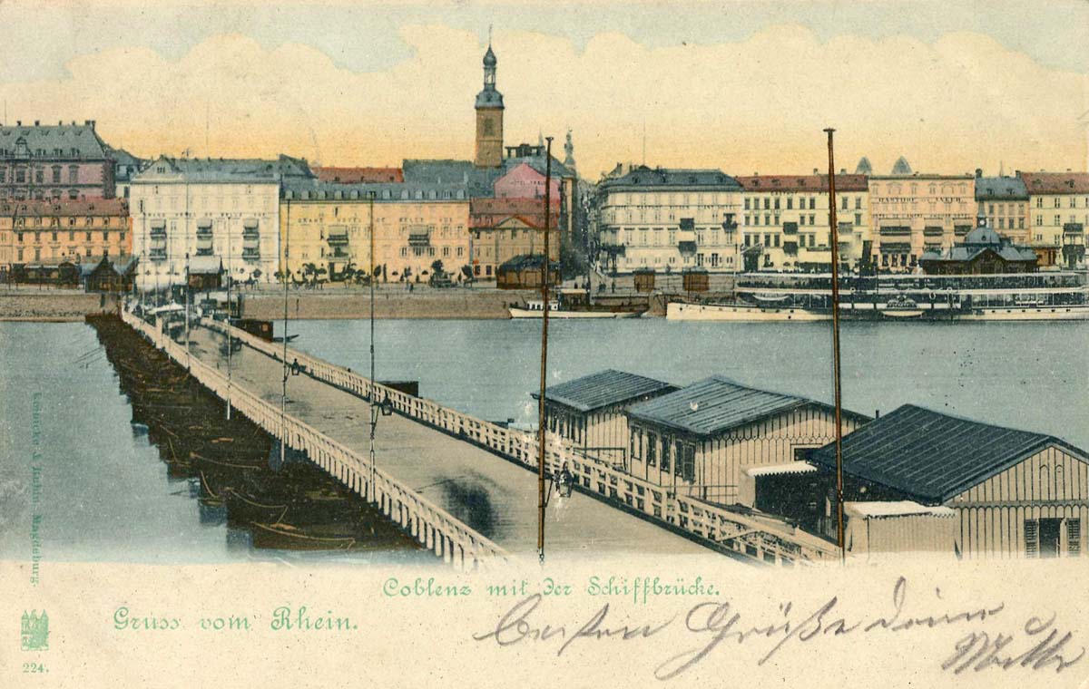 Koblenz (Coblenz). Stadtansicht mit Schiffbrücke, 1901