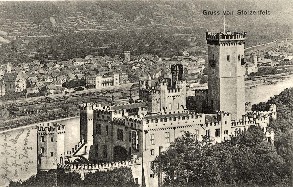 Koblenz (Coblenz). Stadtansicht mit Schloß Stolzenfels, 1908