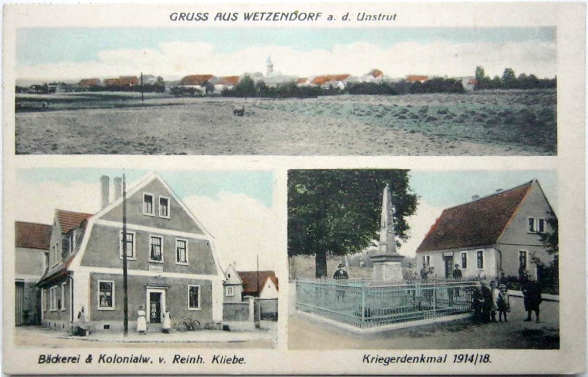 Karsdorf. Wetzendorf - Bäckerei und Kolonialwaren von Reinhard Kliebe, Kriegerdenkmal, 1930