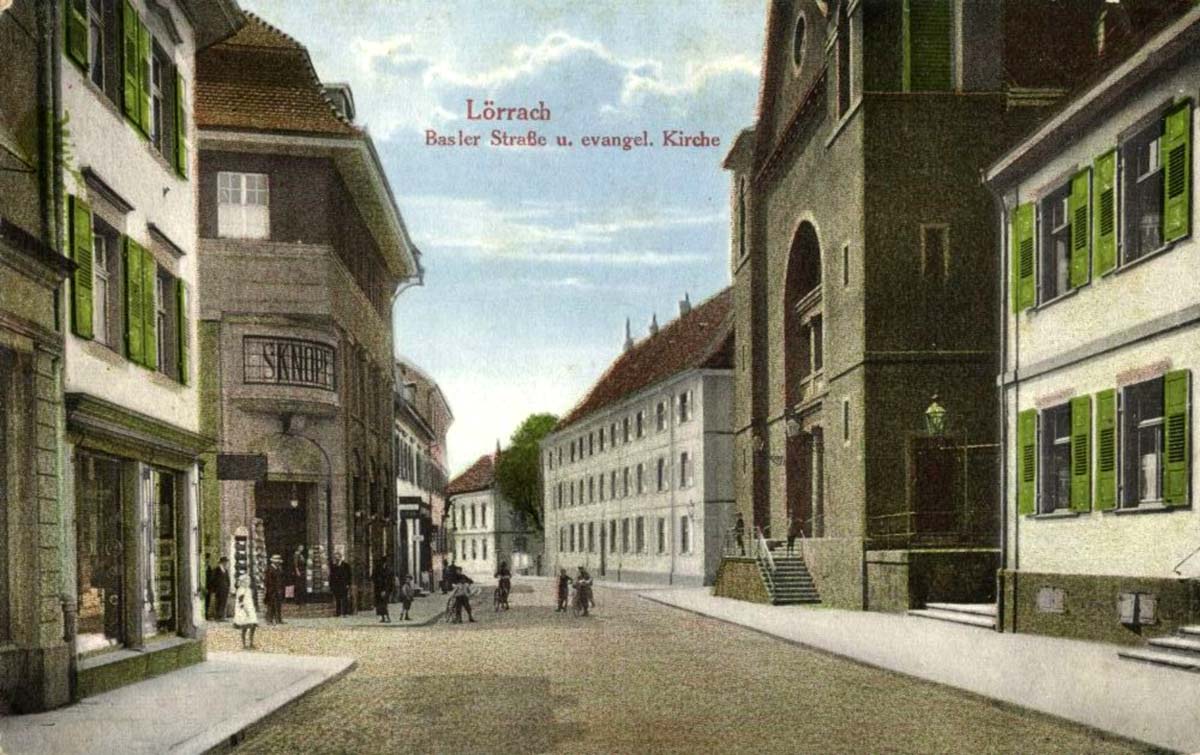 Lörrach. Basler Straße und Evangelische Kirche, 1917